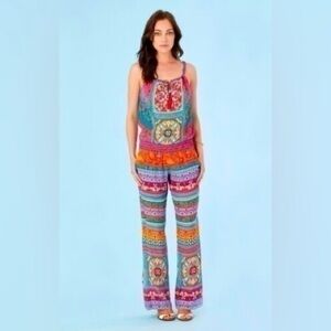 Hale Bob Jumpsuit Sz S Orange Blue Paisley Print Summer Coastal Beach Breathable